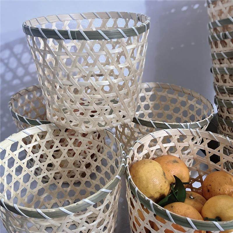 竹编竹筐圆形编织水果收纳篮红酒摆设饰品工艺品装饰简约镂空花篮