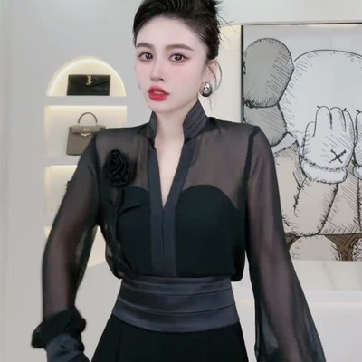 气质高级感时尚套装女春季新款优雅女神范雪纺衫高腰阔腿裤两件套