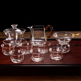 手工品茗杯加厚中式 简调耐热玻璃盖碗公道杯功夫茶具套装 玻璃茶具