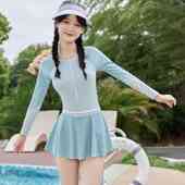 女童泳衣夏2023新款 中大童少女游泳衣 速干防晒长袖 连体裙式 平角裤