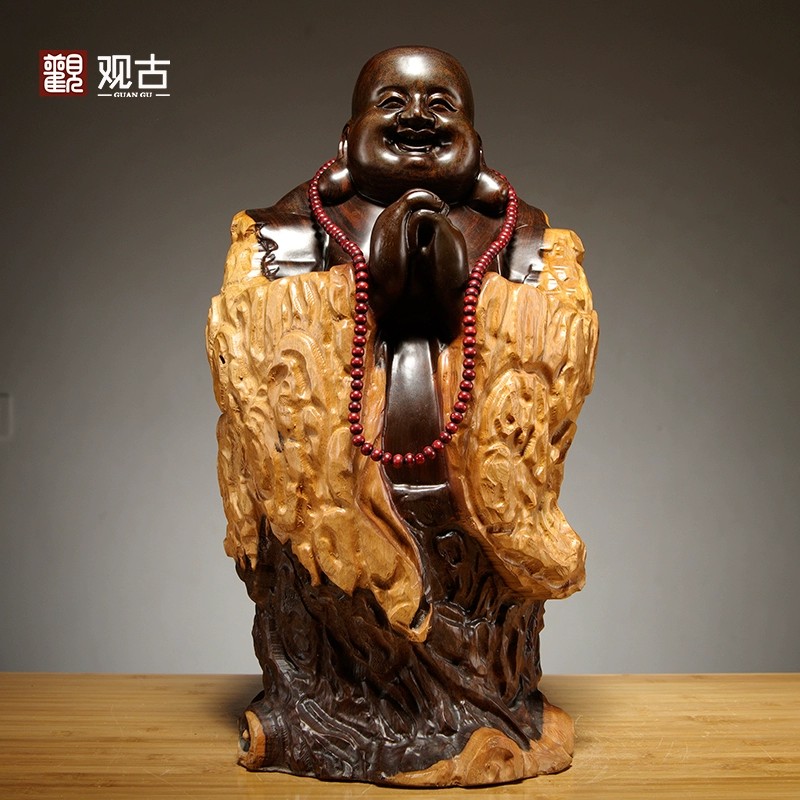 黑檀实木雕刻弥勒佛根雕摆件笑佛工艺礼品摆饰红木家居客厅玄关装