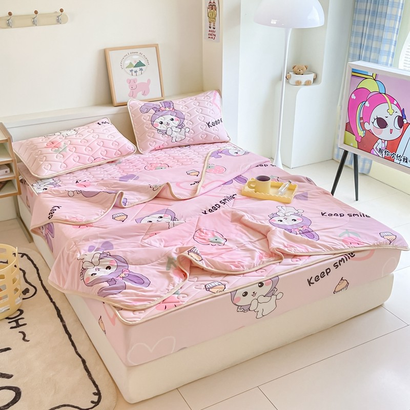 2025新款可爱粉夏季冰丝床笠款乳胶凉席三件套夏凉被四件套可机洗