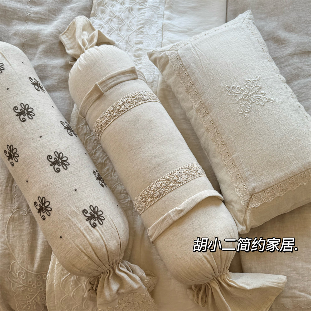法式优雅复古棉麻靠垫抱枕含芯卧室床品软装搭配糖果枕可拆卸腰枕