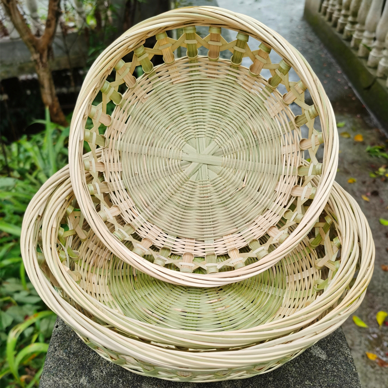 手工竹编制品收纳筐子点心水果盘蒸煮篮子农家用编织圆簸箕馒头筐