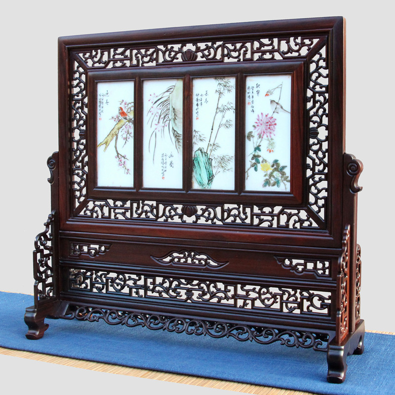 实木红木屏风插屏老挝大红酸枝嵌瓷片台屏中式客厅家居工艺品摆件