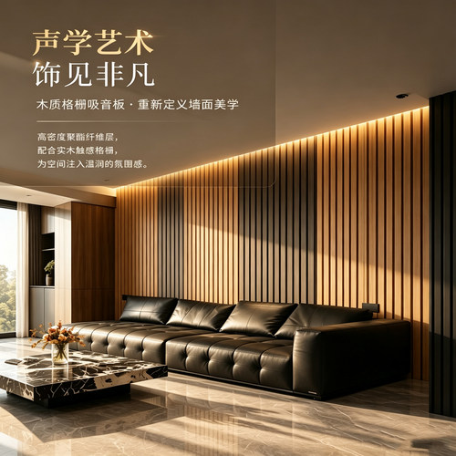 聚酯纤维吸音格栅板木纹背胶自粘