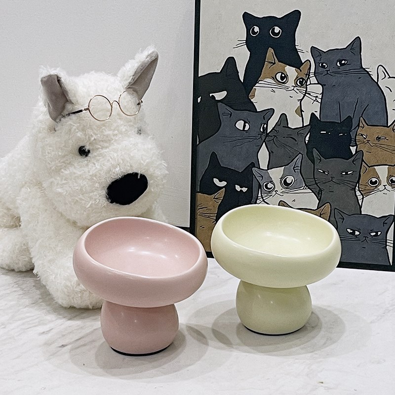 蘑菇陶瓷猫碗宠物粮碗高脚护颈猫狗喝水碗大口径斜口碗宠物慢食碗