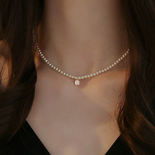 承欢记杨紫同款镶钻方糖仿珍珠项链女款轻奢小众高级感气质锁骨链
