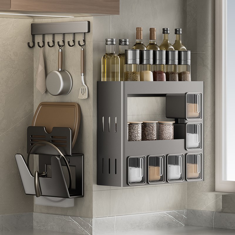 束丰家居枪灰壁挂式调料架免打孔厨房置物架壁挂式调料盒收纳好物