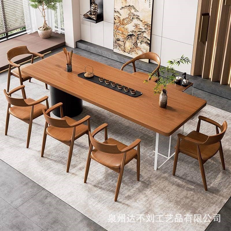 侘寂风实木茶桌椅组合现代简约原木大F板桌圆脚客厅家用办公室茶