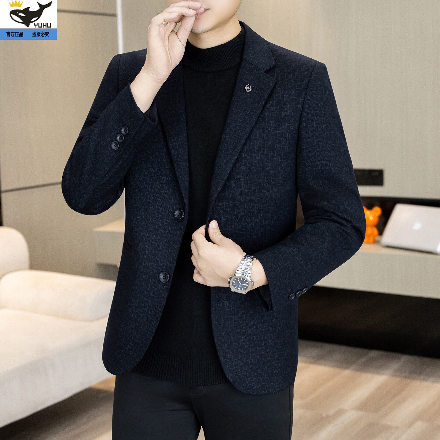 春秋新款青年男士西服外套西装领商务休闲免烫抗皱时尚百搭西装