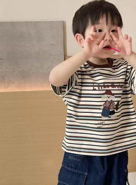 儿童夏款复古色系咖色条纹短袖T恤男童女童印花纯棉圆领半袖上衣