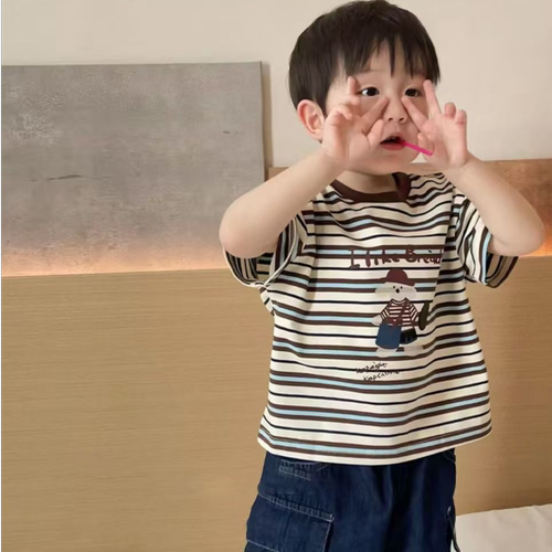 儿童夏款复古色系咖色条纹T恤