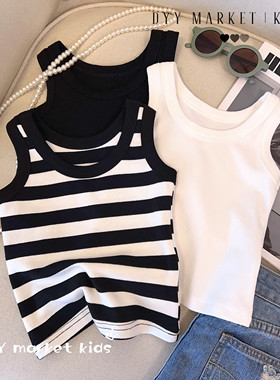 女童背心吊带男童无袖条纹韩版显瘦百搭短款外穿内搭时尚纯色上衣