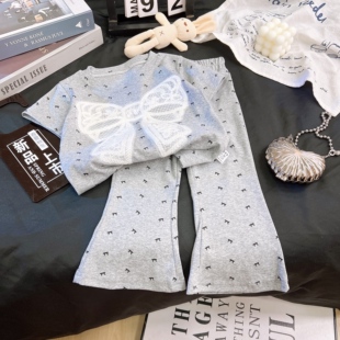 女童韩版套装新款儿童中小童短款立体蝴蝶结短袖t恤阔腿喇叭裤