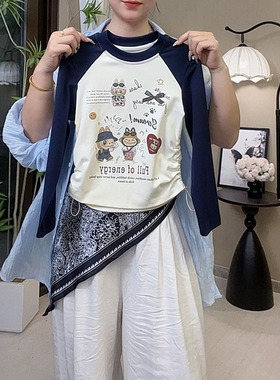 女童长袖T恤新款儿童卡通趣味印花圆领撞色上衣宝宝春秋打底衫