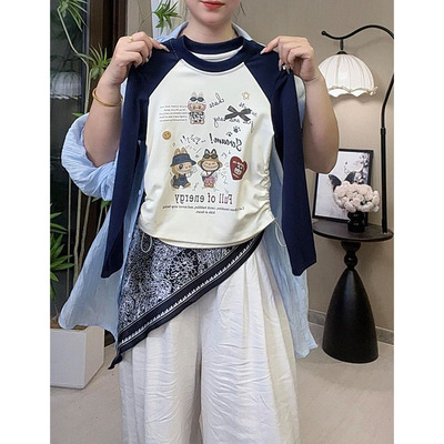 女童长袖T恤新款儿童卡通趣味印花圆领撞色上衣宝宝春秋打底衫