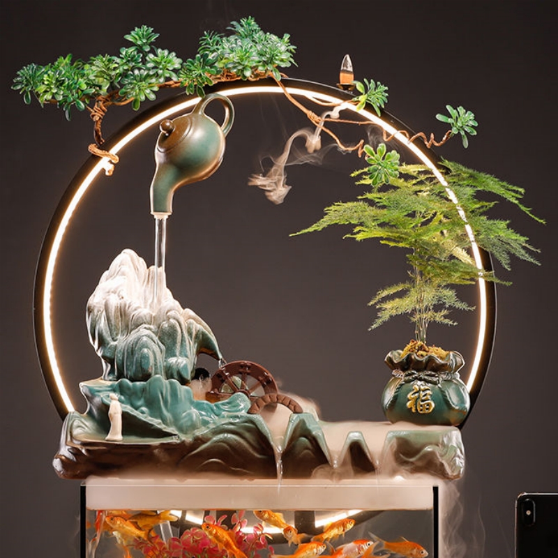 中式流水摆件陶瓷玻璃鱼缸造景创意循环喷水器过滤器喷泉假山配件