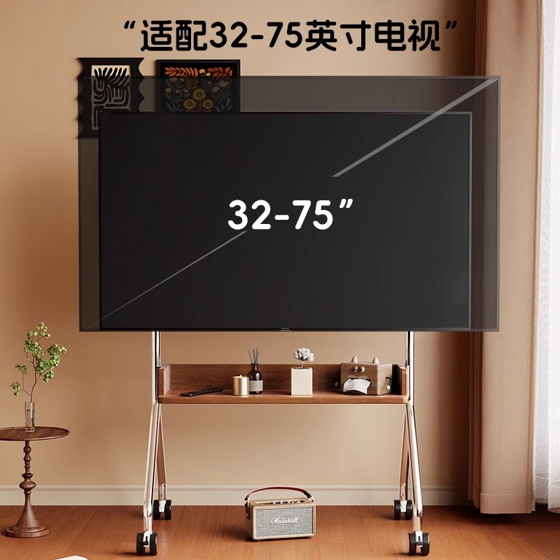 电视机落地支架移动带轮推车不锈钢立式55寸客厅卧室通用实木挂架