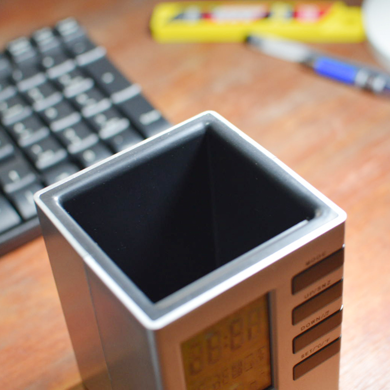 方形创意多功能电子万年历笔筒带背光办公桌面时钟企业定制印logo