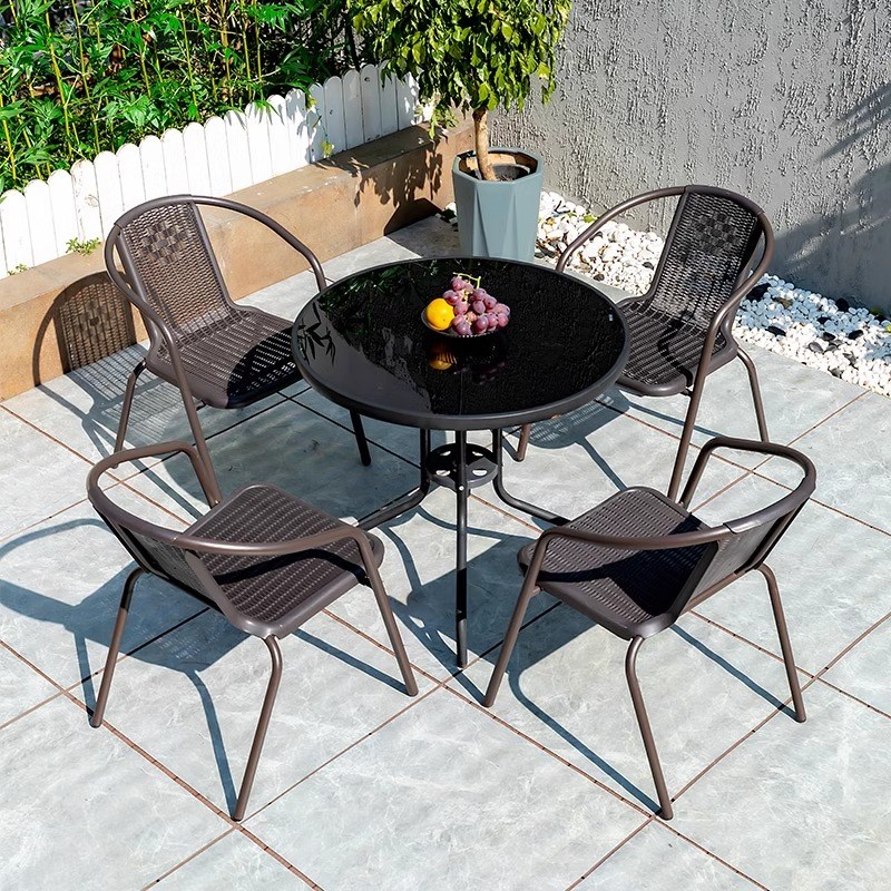 户外休闲桌椅带伞藤椅组合阳台铁艺休闲小茶几花园庭院露天三件套