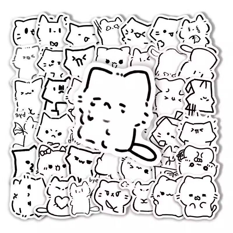 200张小猫简笔画贴纸手绘线条猫咪简约卡通可爱图案装饰防水贴画