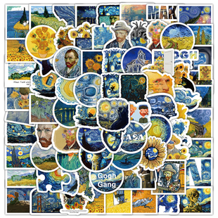 200张梵高油画贴纸手绘莫奈星空向日葵丰收麦田世界名画防水贴画