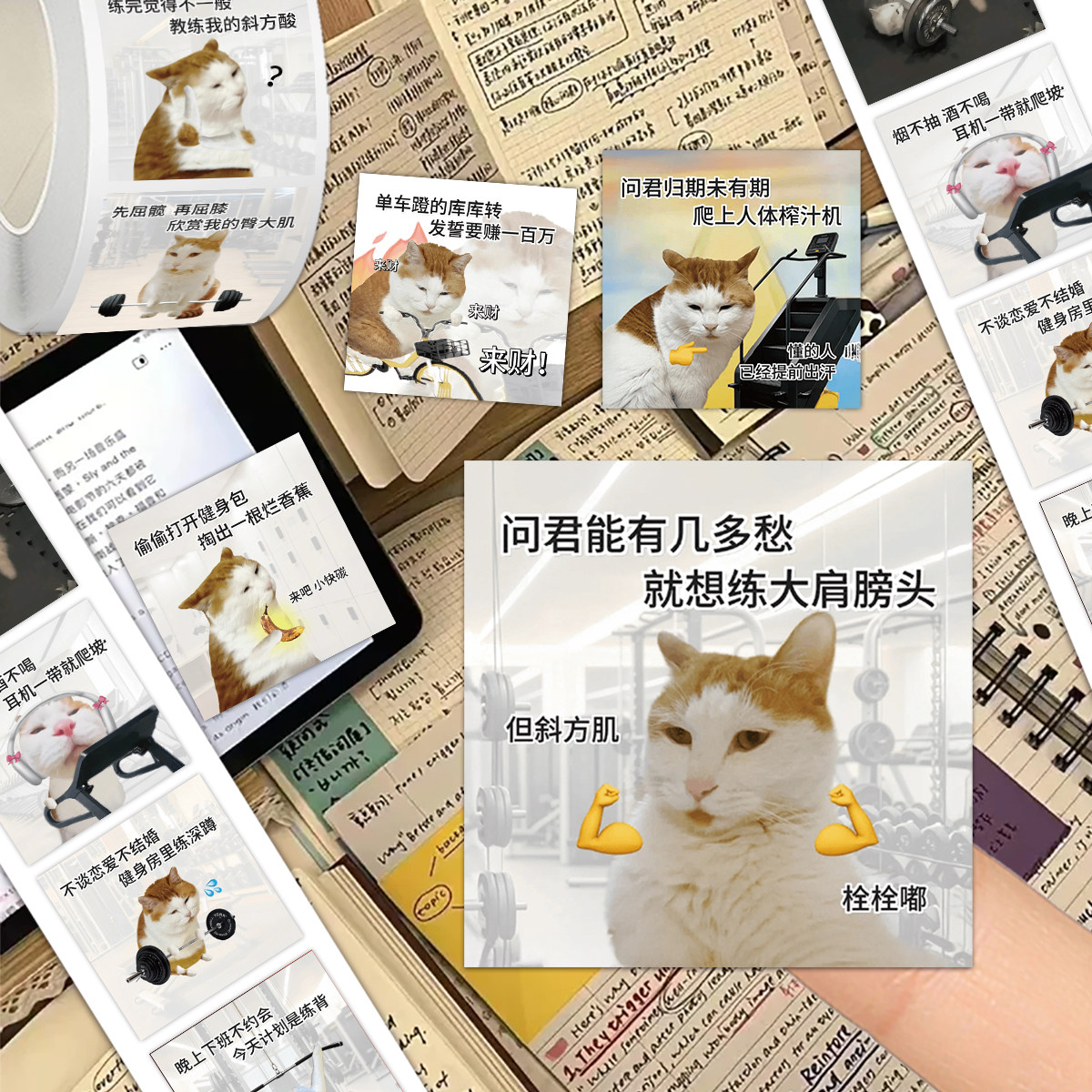 2000贴健身小猫表情包卷卷贴纸搞笑猫咪文字表情包趣味沙雕贴画
