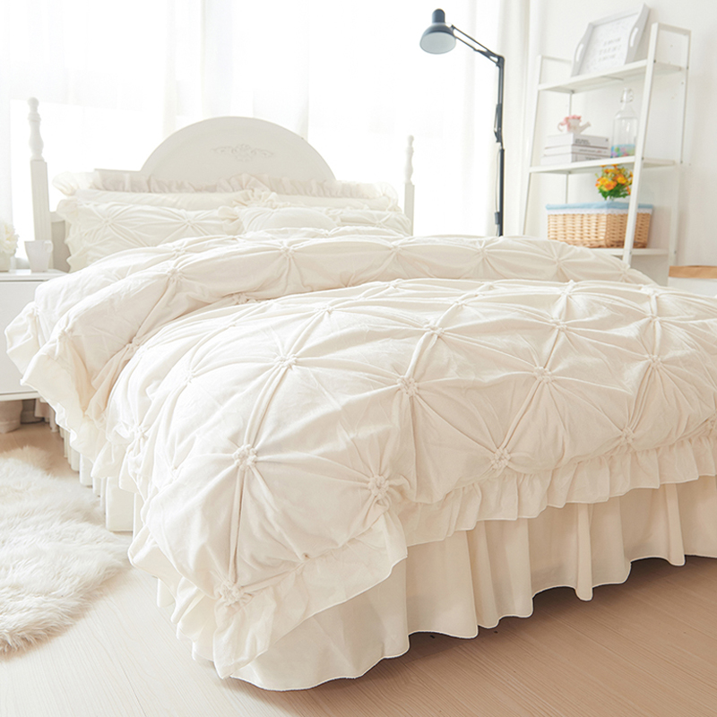 冬季欧式公主风珊瑚绒四件被白色床上用品床裙款法兰绒
