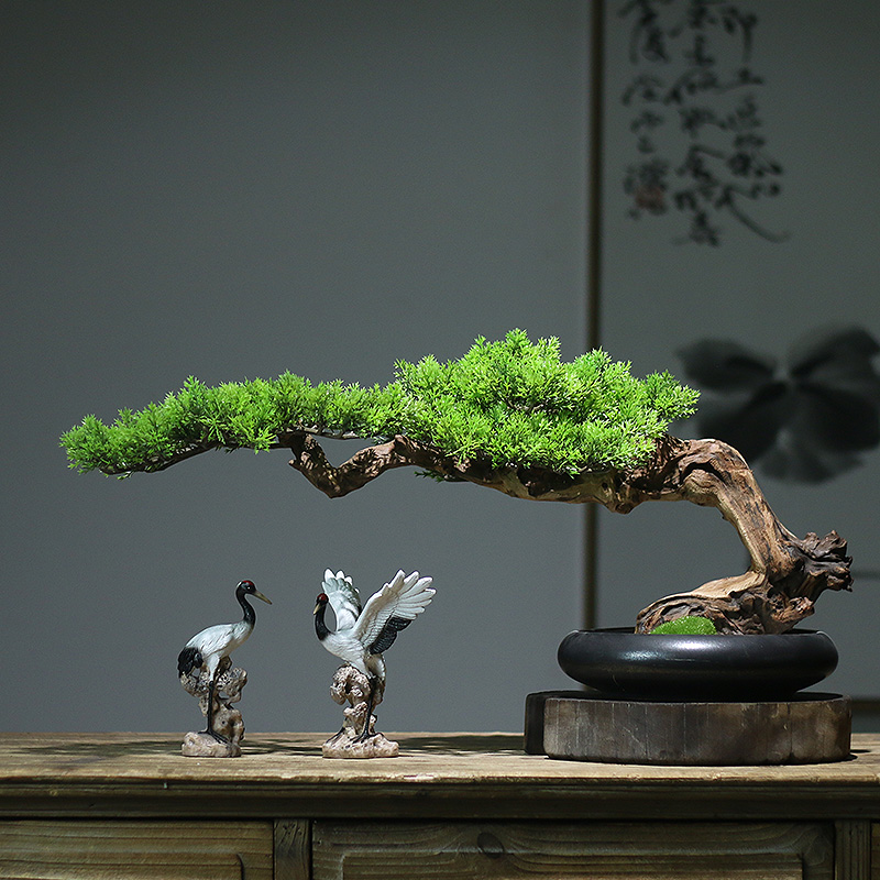 仿真绿植迎客松小盆景茶室装饰品客厅玄关博古架摆件酒店造景盆栽