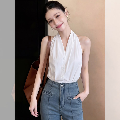 气质洋派上衣法式白色挂颈小吊带背心女夏季火外穿0722e1