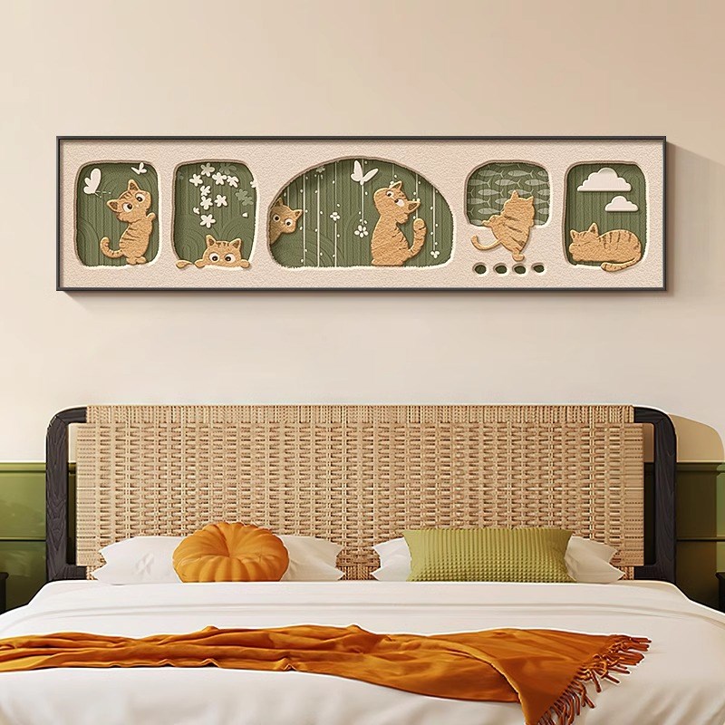 中古风猫咪卧室床头装饰画高级感房间主卧挂画卡通复古儿童房壁画图片