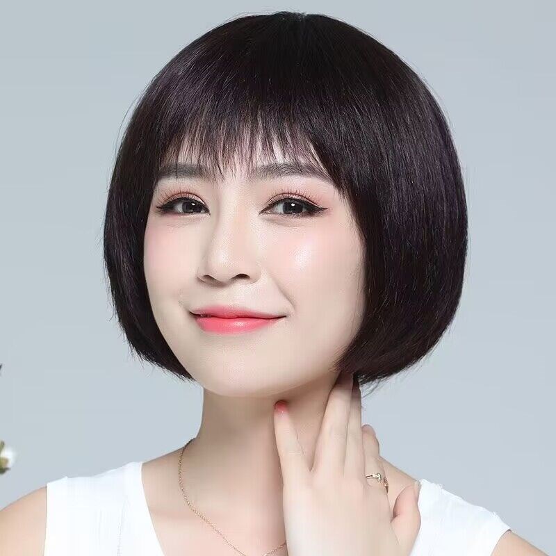 假发女短发真人发丝波波头全真发型妈妈自然圆脸中老年女士全头套