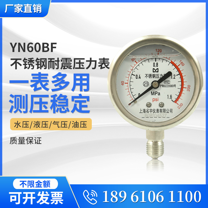 YN60BF不锈钢耐震压力表耐高温防腐蚀耐酸碱油压表0-0.6/1/1.6Mpa