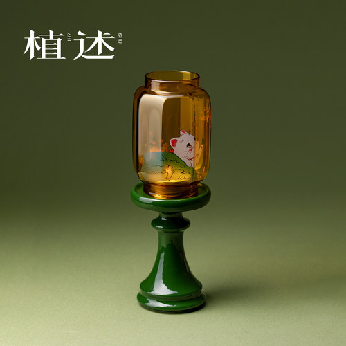 植述 治愈系小猫咪玻璃烛台灯中式茶室氛围灯家用块状蜡烛灯装饰