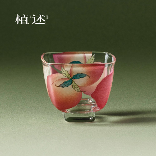 植述粉彩春桃玻璃四方主人杯茶盏透明高硼硅功夫茶具茶杯精致单杯