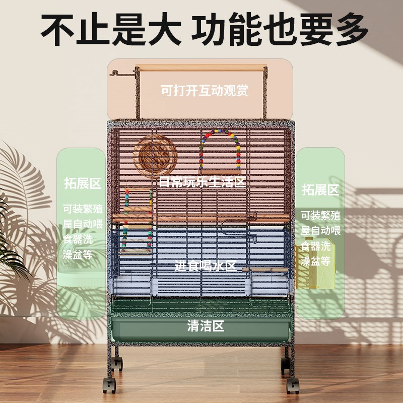 鸟笼鹦鹉笼子家用大号防溅洒横丝鸟笼子新型豪华别墅金属繁殖鸟笼