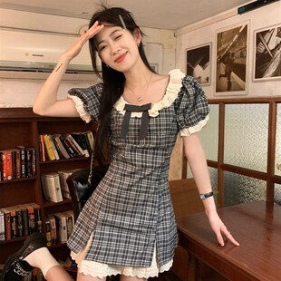 最小的海 甜美学院风短袖连衣裙2024夏季新款格纹拼接花边短裙女