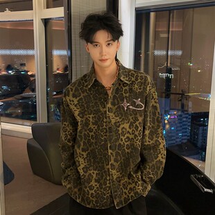 陈大富洗水牛仔长袖豹纹衬衫男春秋宽松设计感纯棉钉标衬衣外套潮