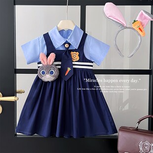 女童连衣裙夏装2024新款兔子警官女孩公主裙儿童学院风假两件裙子