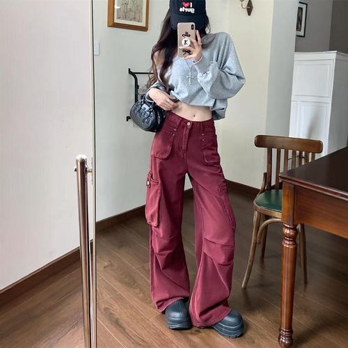 美式设计感休闲工装裤子秋季新款港风高腰多口袋宽松阔腿牛仔裤女