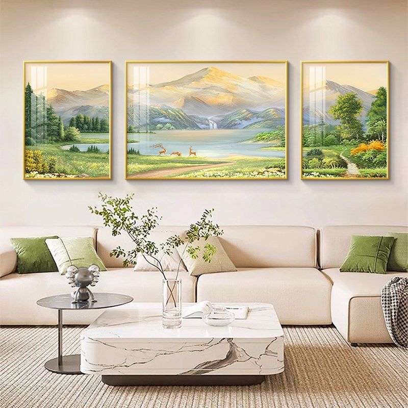 聚宝盆客厅沙发背景墙装饰画轻奢高级感西墙聚财山水挂画三联壁画