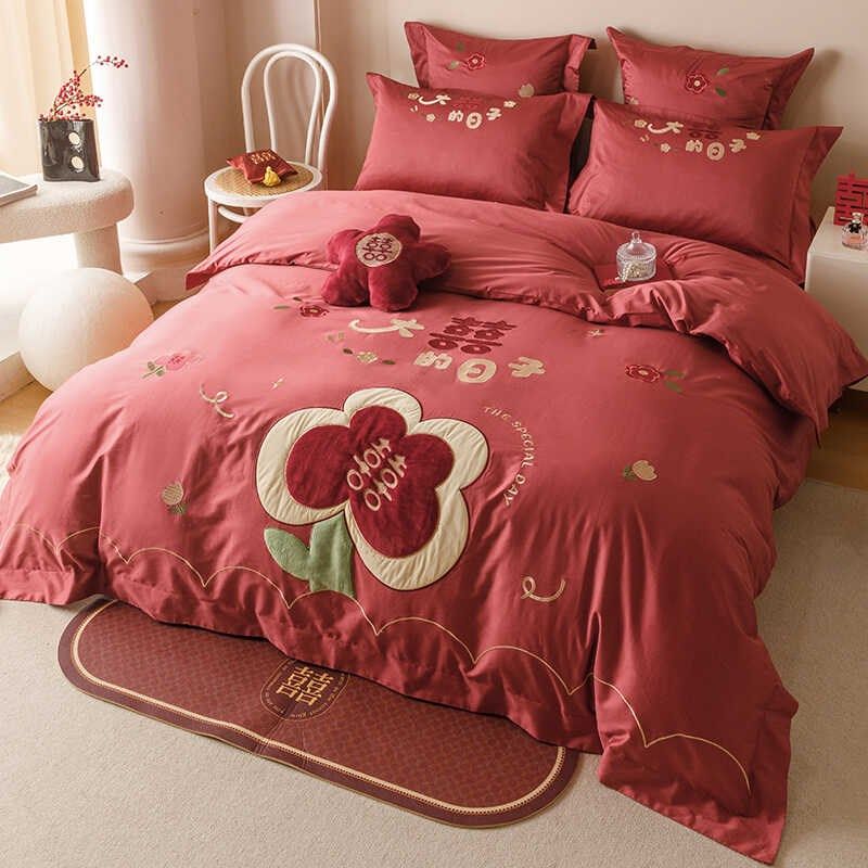 高端喜字纯棉结婚四件套长绒棉被套花朵轻奢新婚红色床单婚嫁床品
