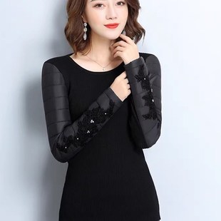 袖子加棉加绒加厚打底衫女秋冬羽绒棉袖毛衣搭配皮草马甲内搭上衣