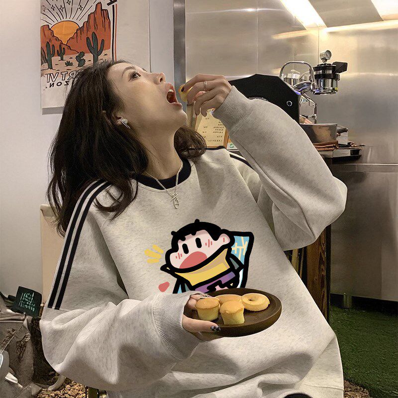 圆领灰色美式加绒卫衣女秋冬无帽大码女装宽松条纹设计感上衣女潮