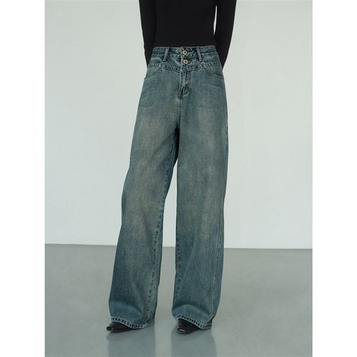 ousph 蓝色高腰双纽扣直筒牛仔裤2025春秋款宽松气质做旧休闲长裤