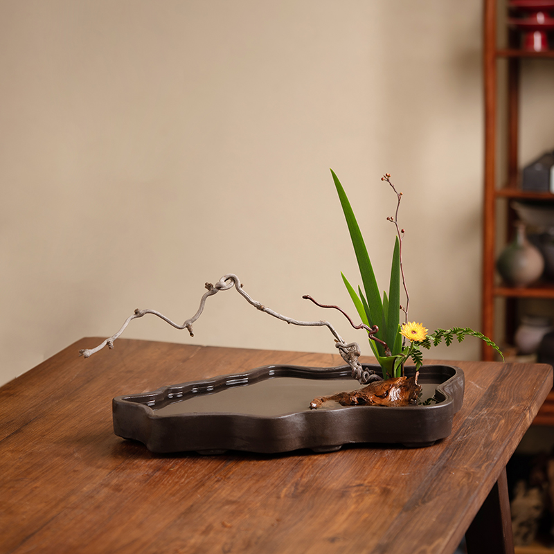 紫砂盆景接水盘插花器皿剑山插花器花道花器禅意中式插花盆工具花