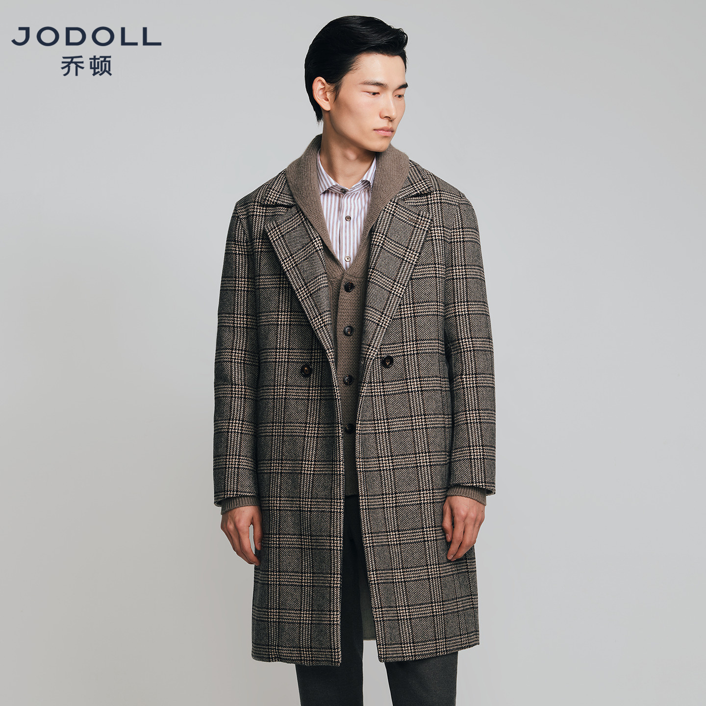 JODOLL乔顿冬季羊毛大衣男士韩版潮流浅咖色格纹宽松舒适长款外套