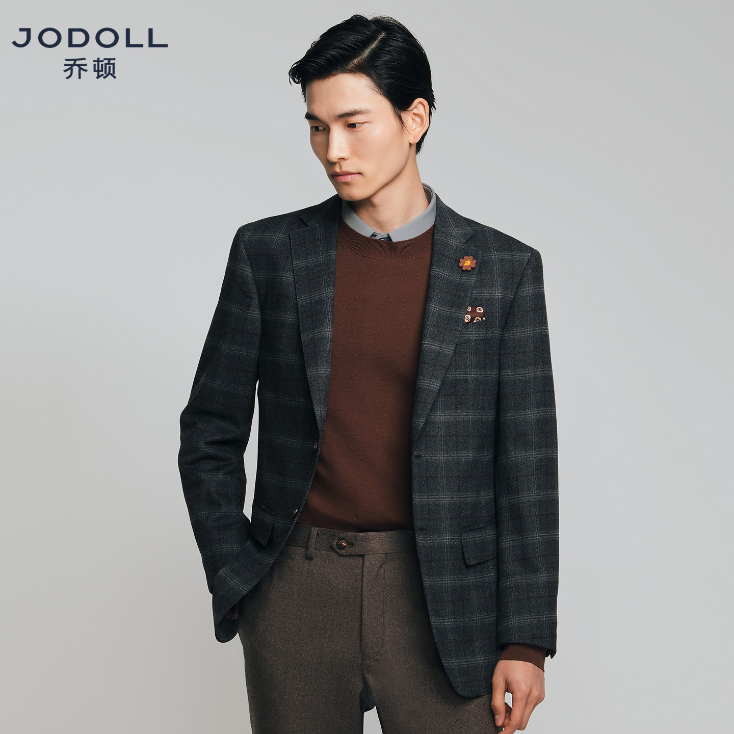 JODOLL乔顿男士单西服潮流休闲深灰色时尚格纹羊毛西装外套高智感