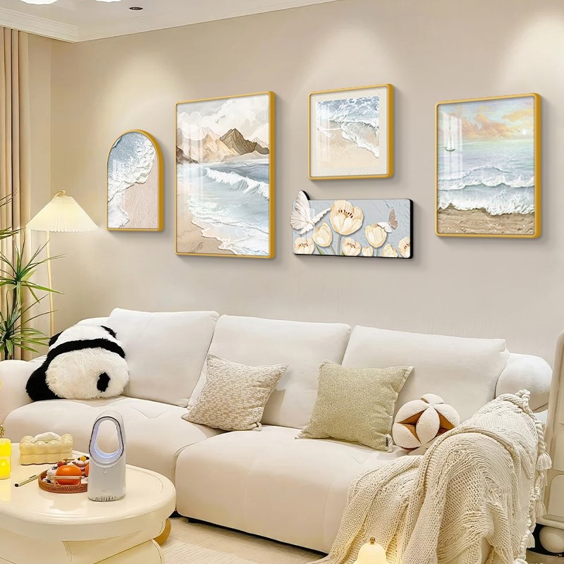 北欧奶油风客厅装饰画高级感法式沙发背景墙挂画花卉风景组合壁画图片
